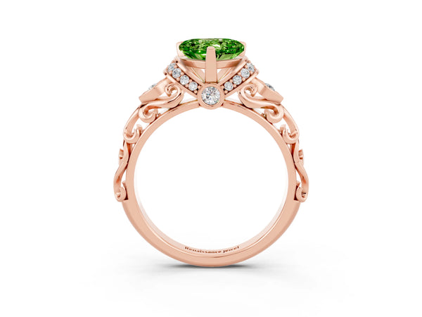 Rose gold Heart Cut Peridot Solitaire Ring with Filigree Band and Four-Prong Setting