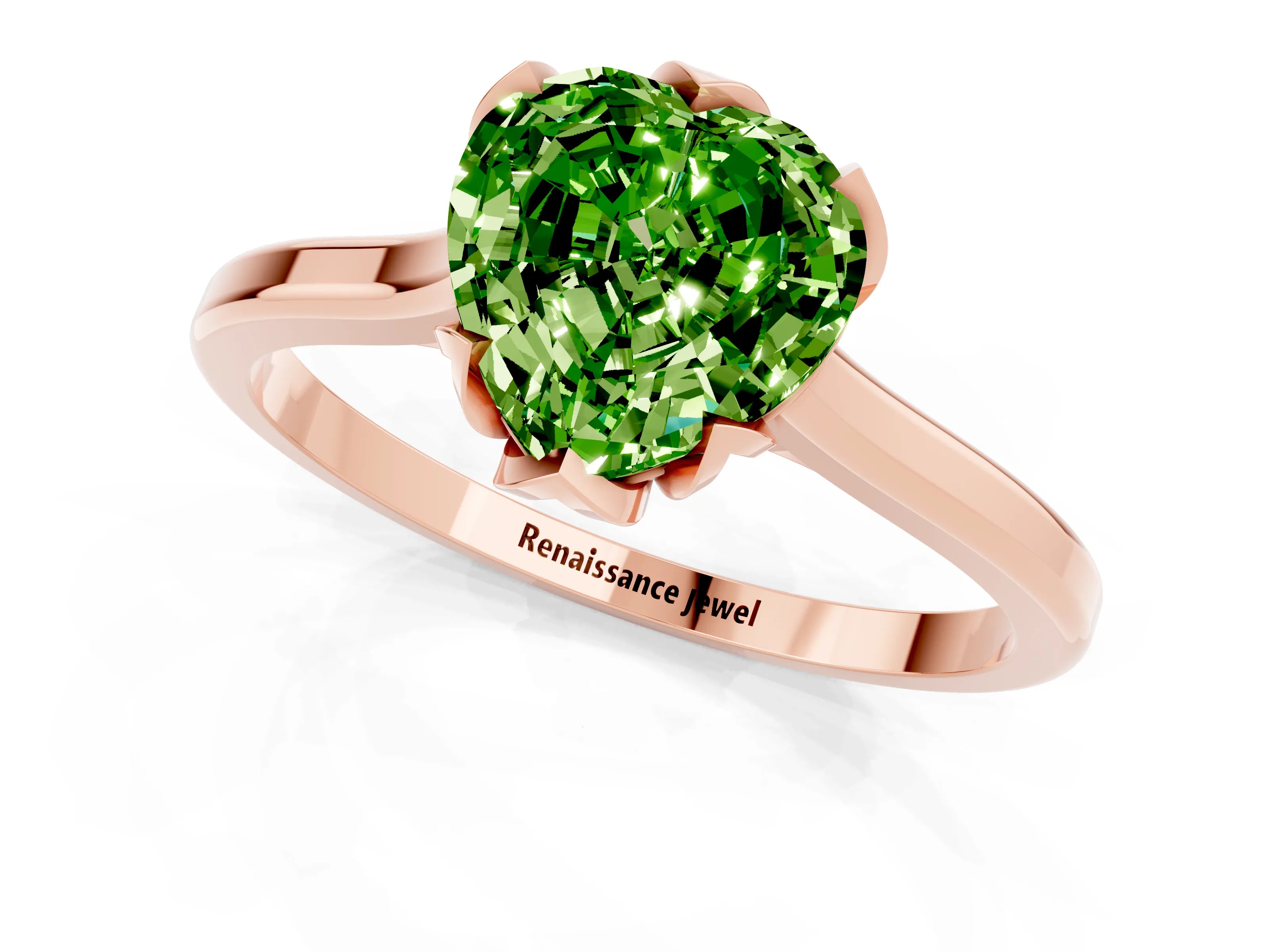 Rose gold Heart Cut Peridot Solitaire Ring with Flower Prong Setting and Classic Band_13