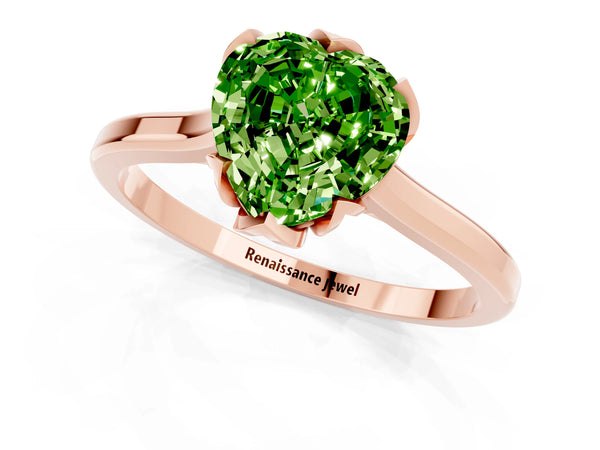 Rose gold Heart Cut Peridot Solitaire Ring with Flower Prong Setting and Classic Band