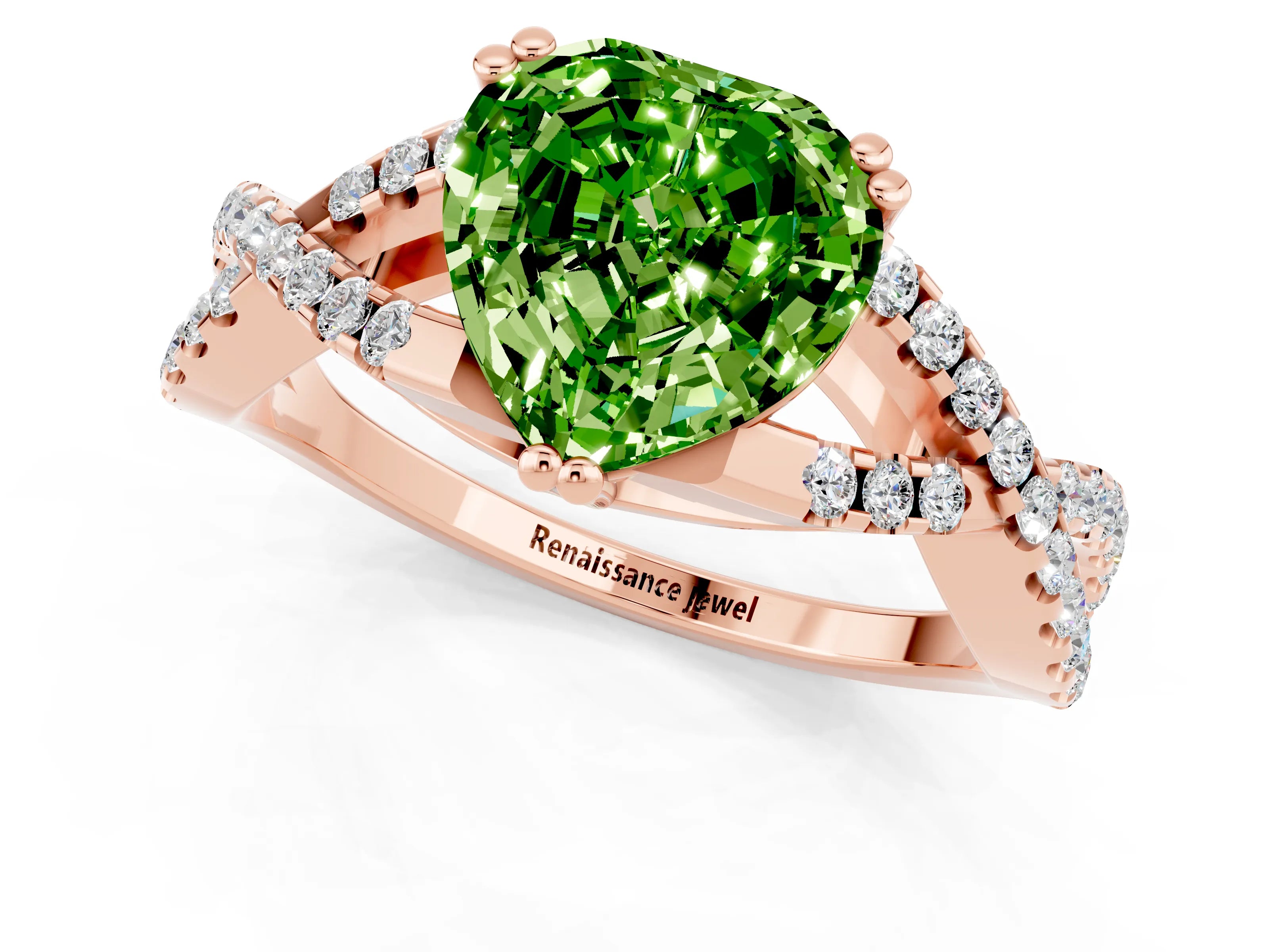 Rose gold Heart Cut Peridot Solitaire Ring with Four-Prong Setting and Twisted Pavé Band_1