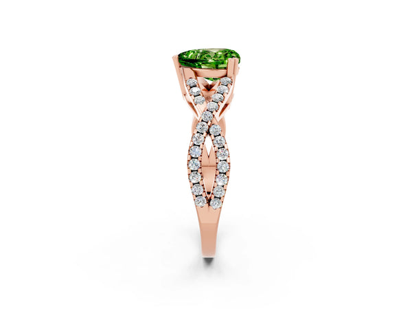 Rose gold Heart Cut Peridot Solitaire Ring with Four-Prong Setting and Twisted Pavé Band
