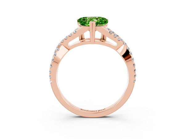 Rose gold Heart Cut Peridot Solitaire Ring with Four-Prong Setting and Twisted Pavé Band