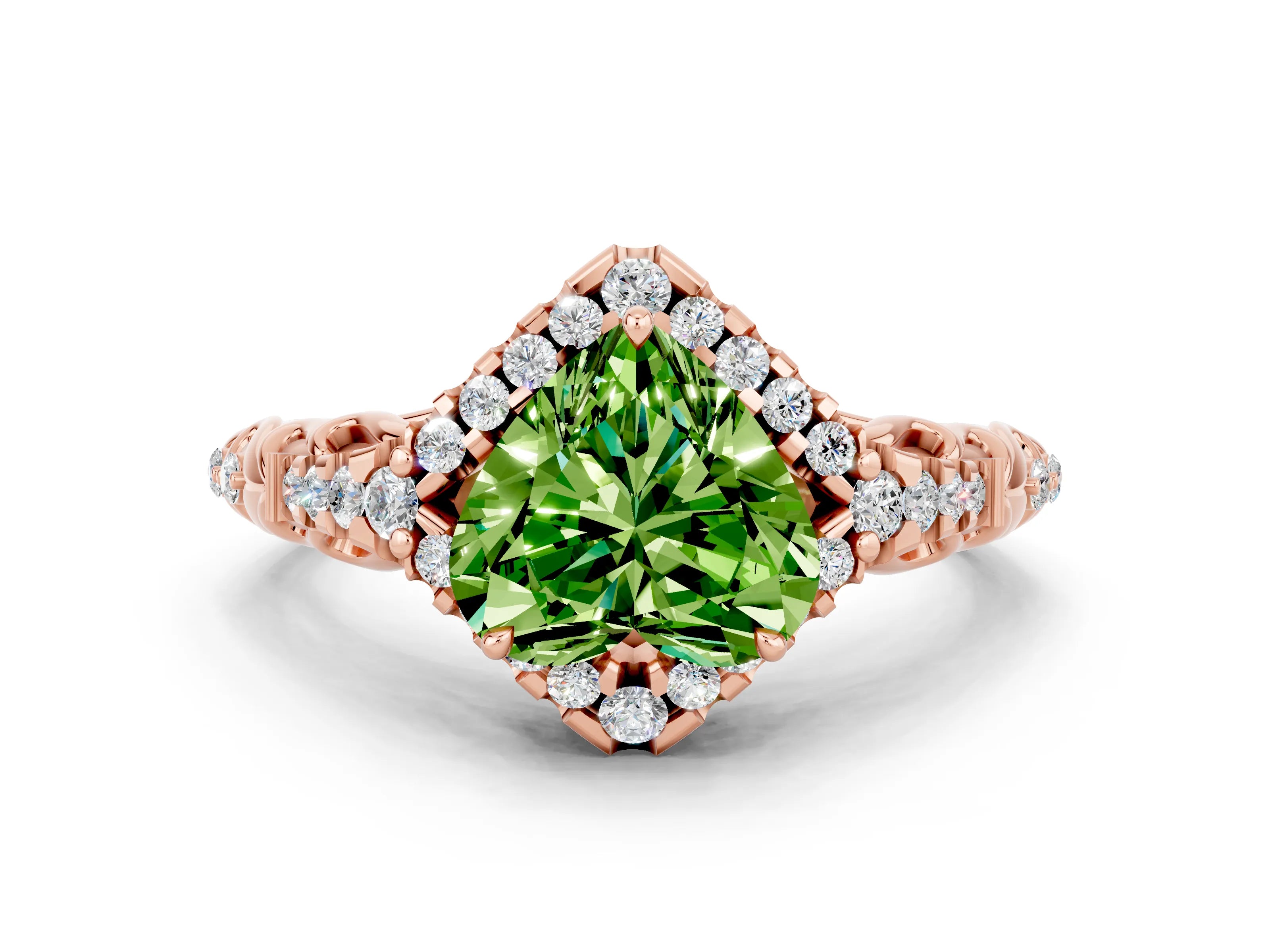 Rose gold Heart Cut Peridot Solitaire Ring with Hidden Halo and Pavé Band_12