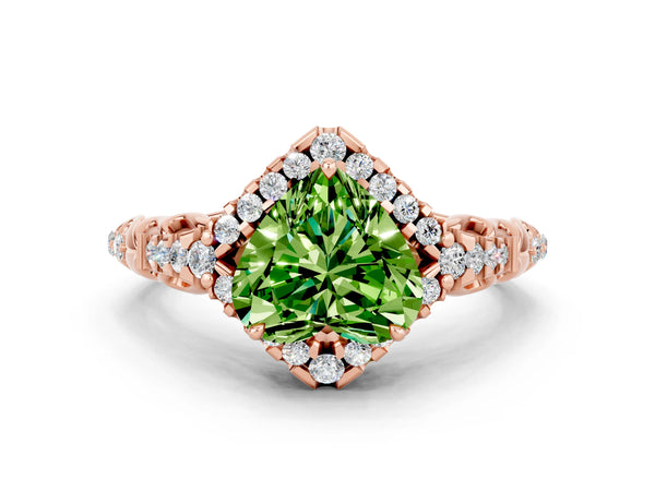 Rose gold Heart Cut Peridot Solitaire Ring with Hidden Halo and Pavé Band