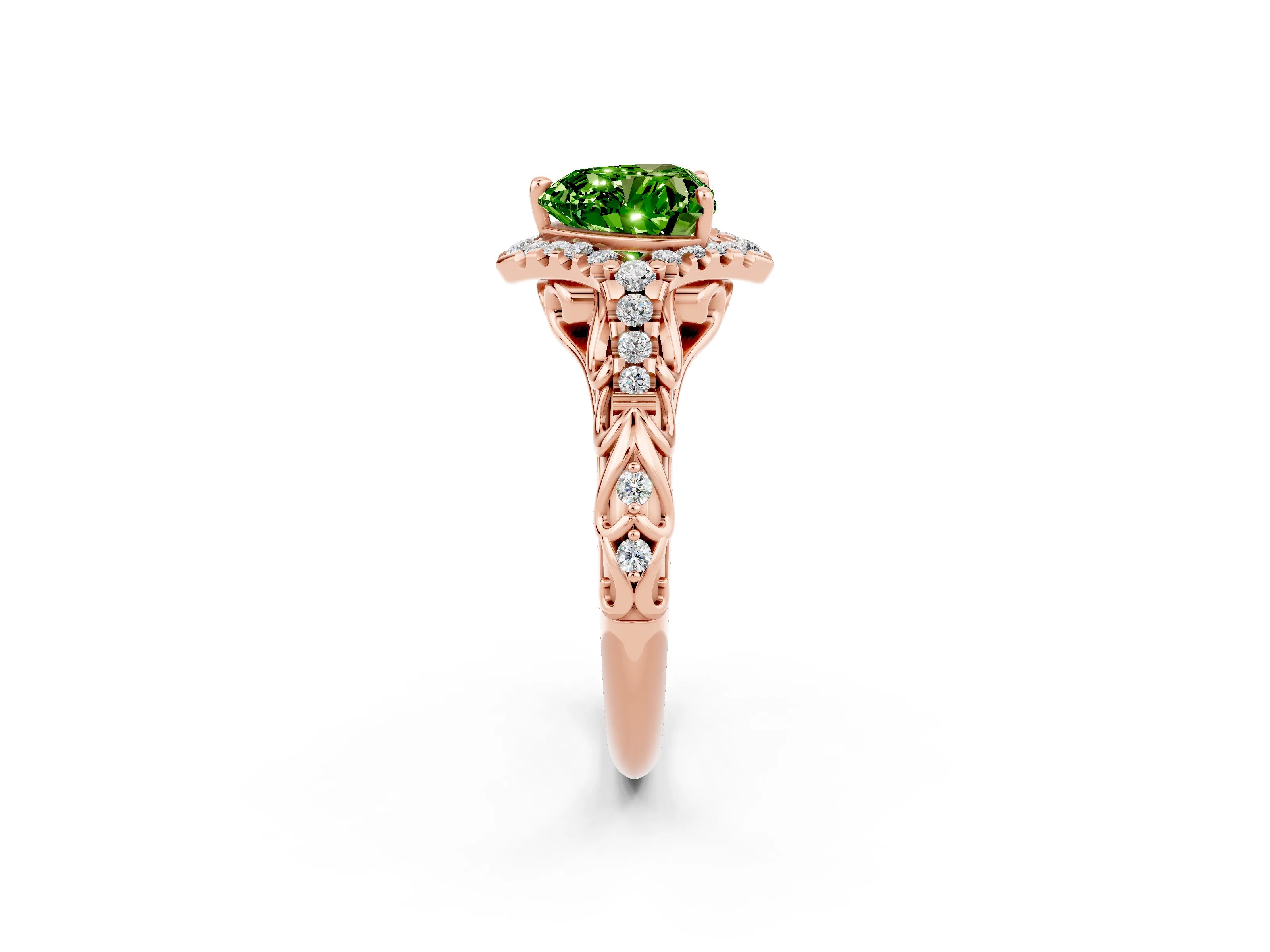 Rose gold Heart Cut Peridot Solitaire Ring with Hidden Halo and Pavé Band_14