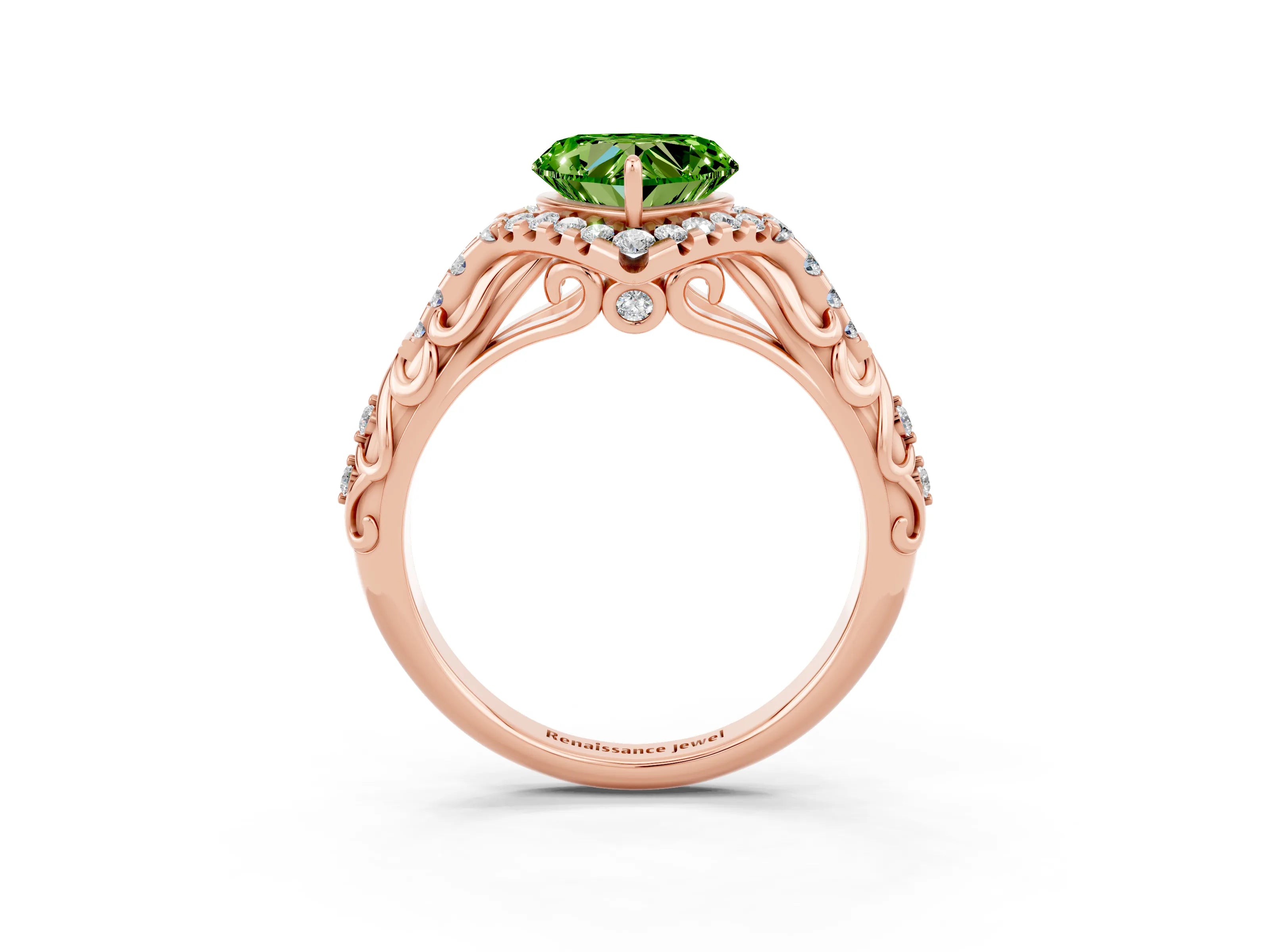 Rose gold Heart Cut Peridot Solitaire Ring with Hidden Halo and Pavé Band_15