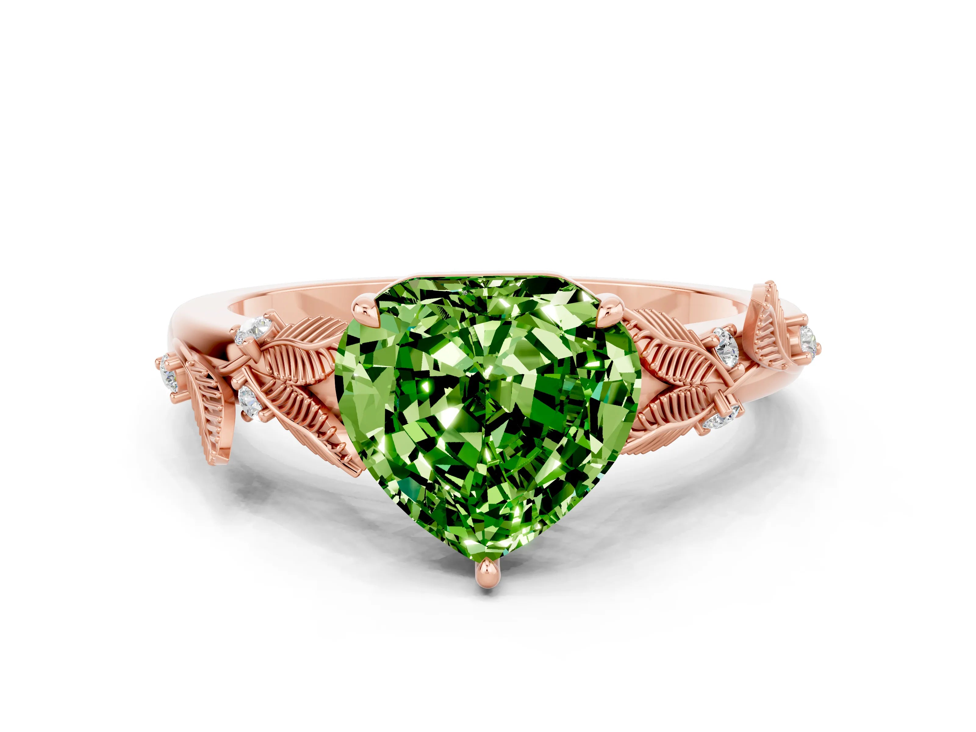 Rose gold Heart Cut Peridot Solitaire Ring with Leaf Motif Band and Four-Prong Setting