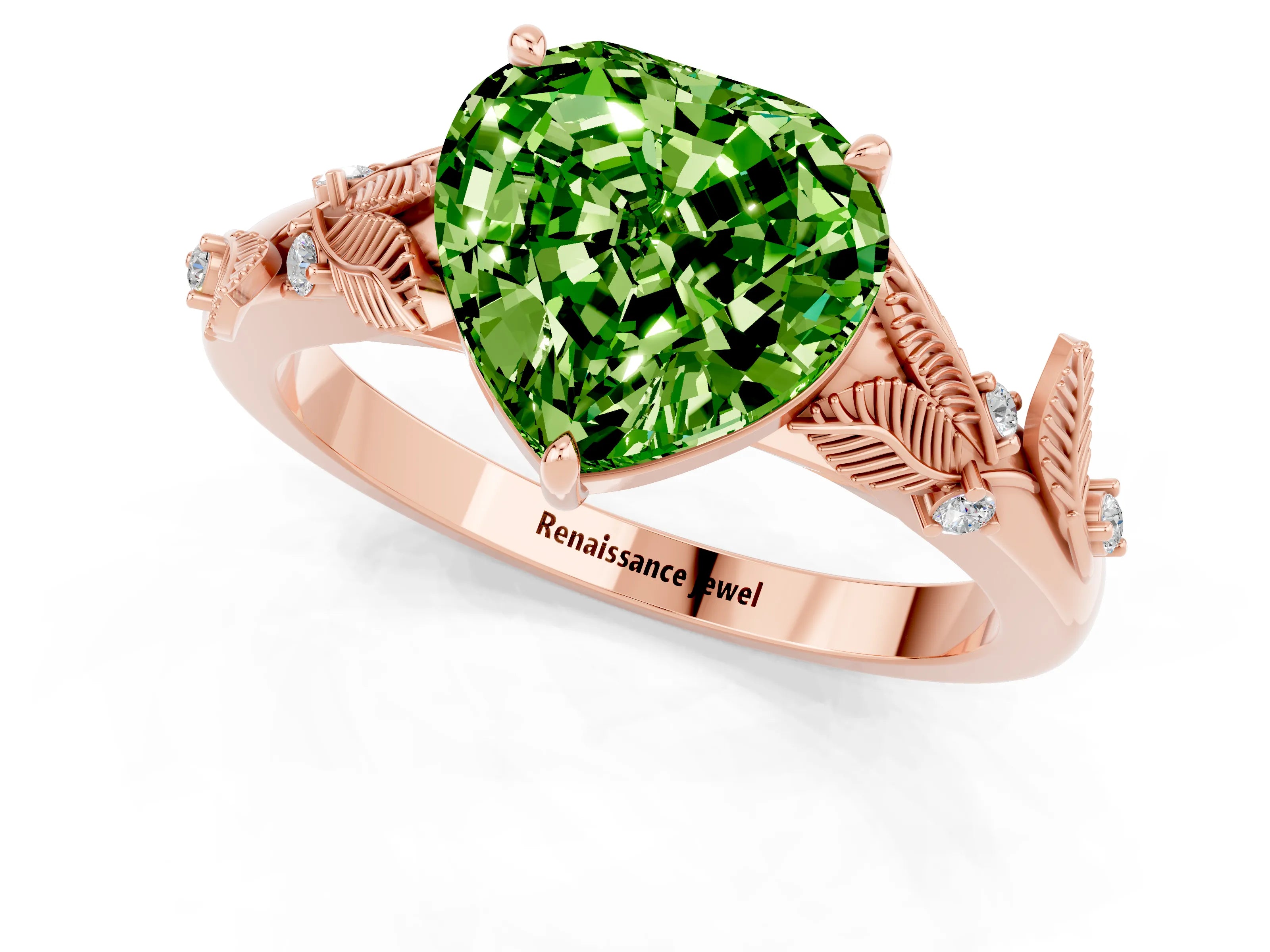 Rose gold Heart Cut Peridot Solitaire Ring with Leaf Motif Band and Four-Prong Setting_1