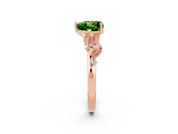 Rose gold Heart Cut Peridot Solitaire Ring with Leaf Motif Band and Four-Prong Setting