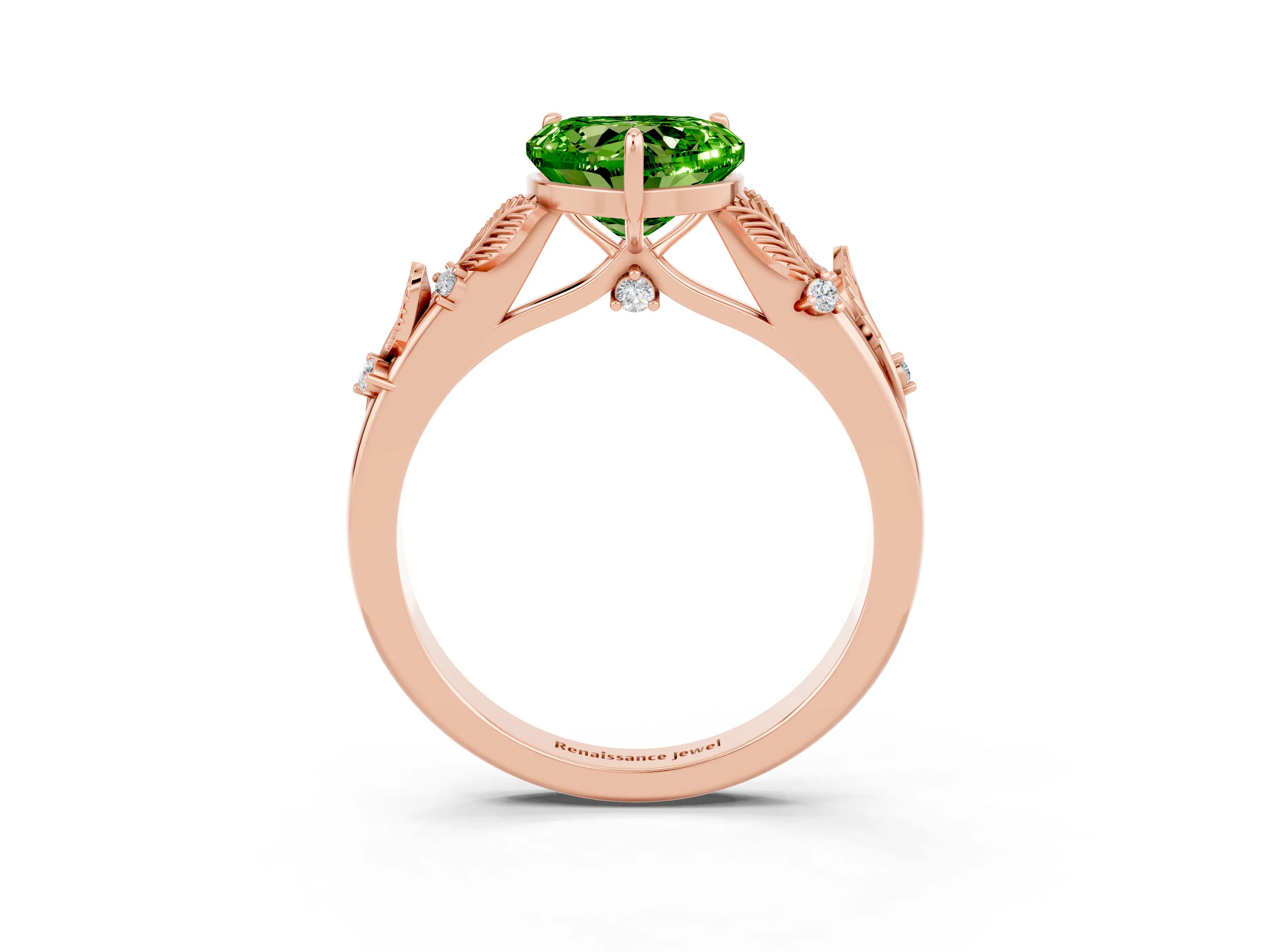 Rose gold Heart Cut Peridot Solitaire Ring with Leaf Motif Band and Four-Prong Setting_3