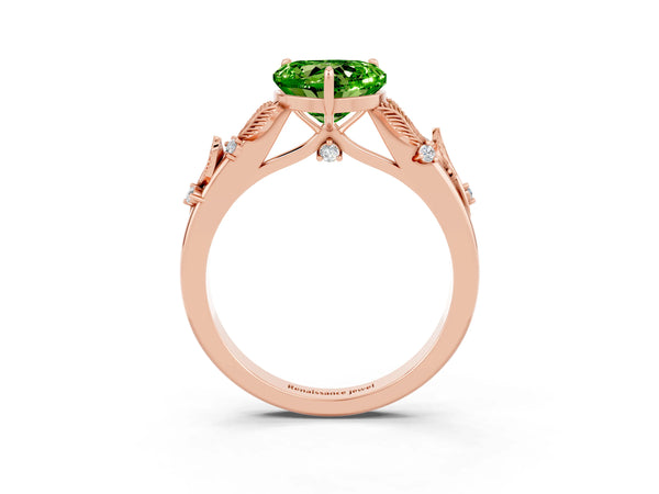 Rose gold Heart Cut Peridot Solitaire Ring with Leaf Motif Band and Four-Prong Setting