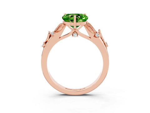 Rose gold Heart Cut Peridot Solitaire Ring with Leaf Motif Band and Four-Prong Setting_3