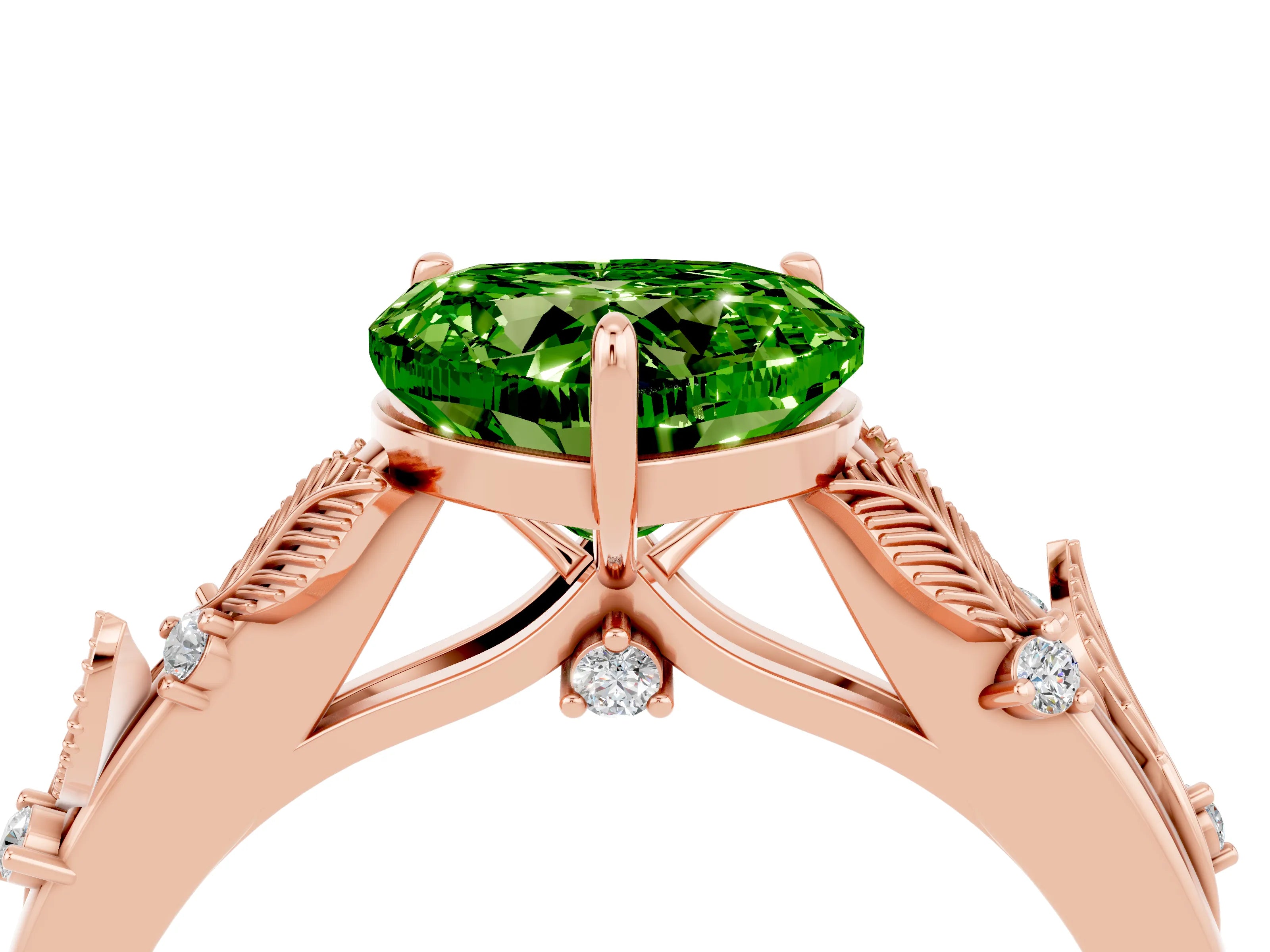 Rose gold Heart Cut Peridot Solitaire Ring with Leaf Motif Band and Four-Prong Setting_4
