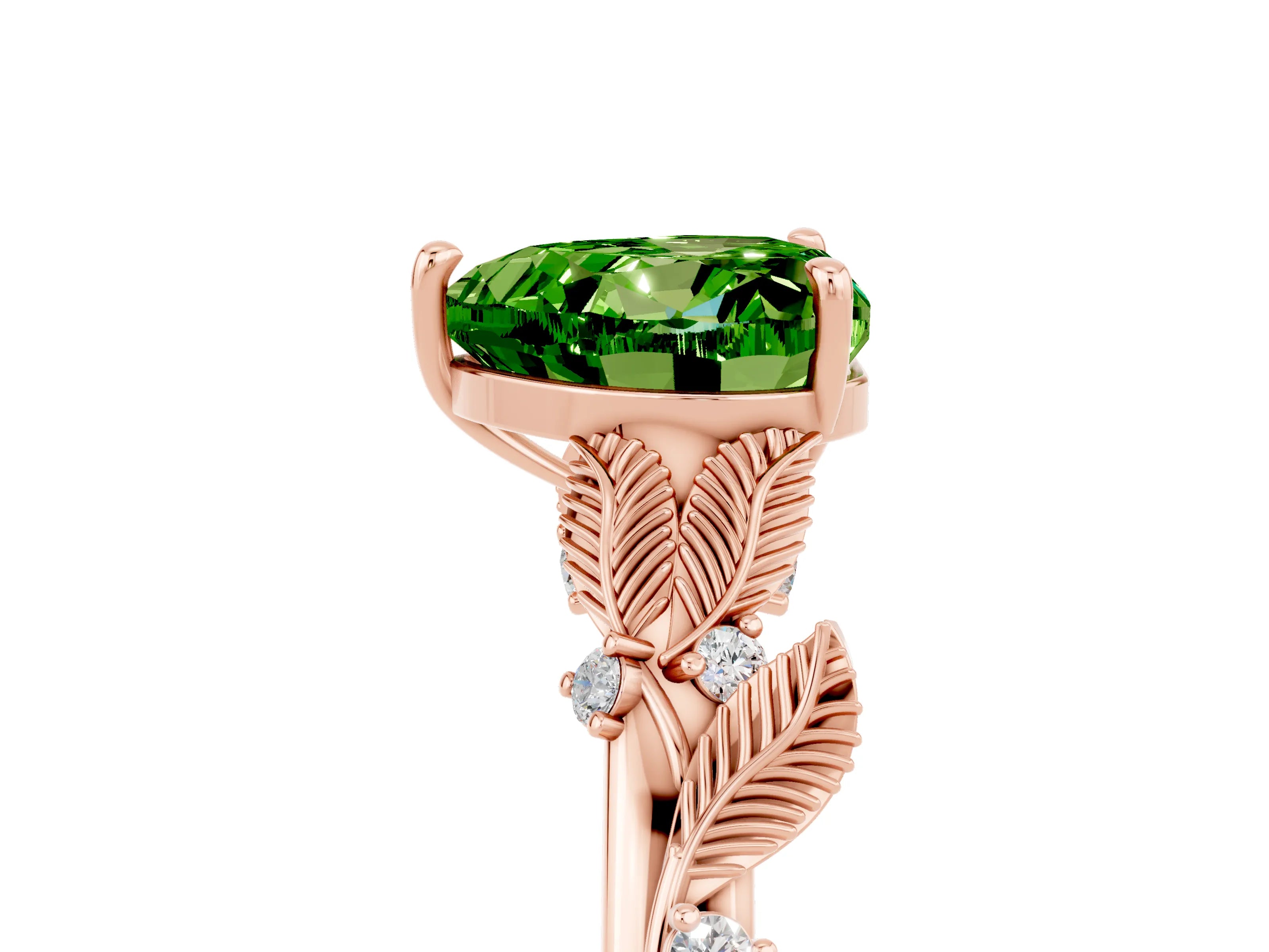 Rose gold Heart Cut Peridot Solitaire Ring with Leaf Motif Band and Four-Prong Setting_5