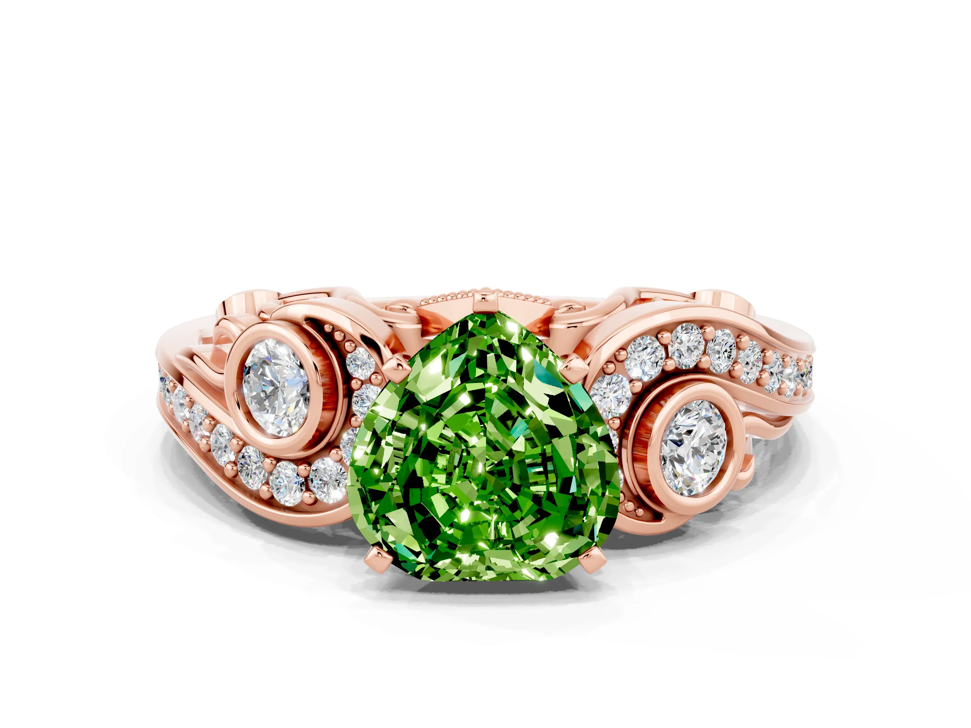 Rose gold Heart Cut Peridot Solitaire Ring with Milgrain Pavé Band and Four-Prong Setting_24