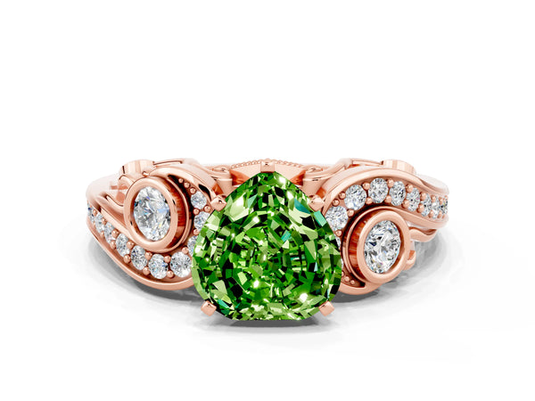 Rose gold Heart Cut Peridot Solitaire Ring with Milgrain Pavé Band and Four-Prong Setting