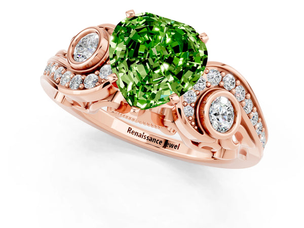 Rose gold Heart Cut Peridot Solitaire Ring with Milgrain Pavé Band and Four-Prong Setting