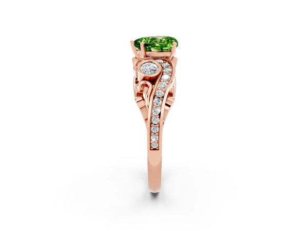Rose gold Heart Cut Peridot Solitaire Ring with Milgrain Pavé Band and Four-Prong Setting