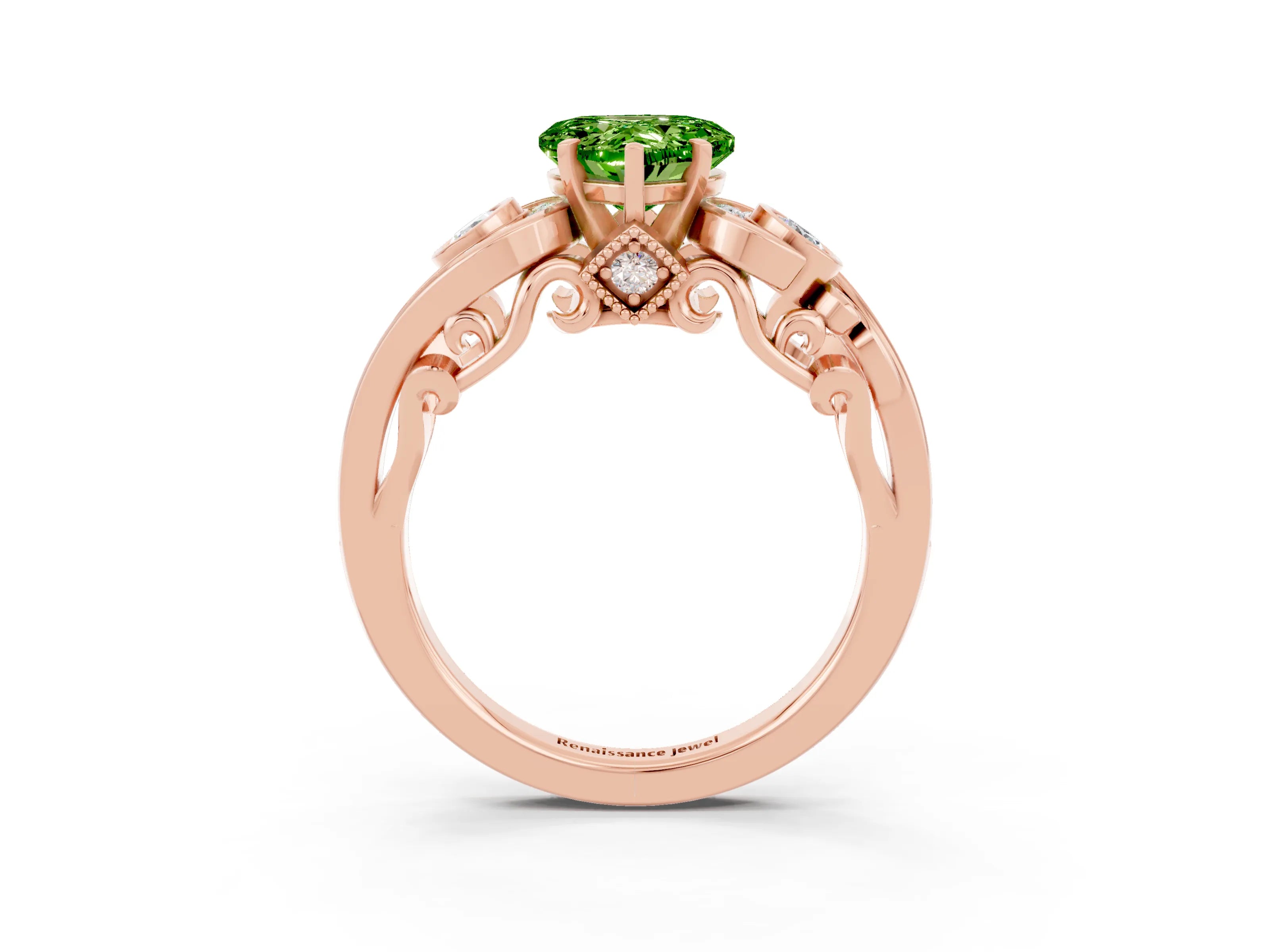 Rose gold Heart Cut Peridot Solitaire Ring with Milgrain Pavé Band and Four-Prong Setting_27