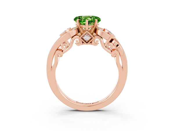 Rose gold Heart Cut Peridot Solitaire Ring with Milgrain Pavé Band and Four-Prong Setting