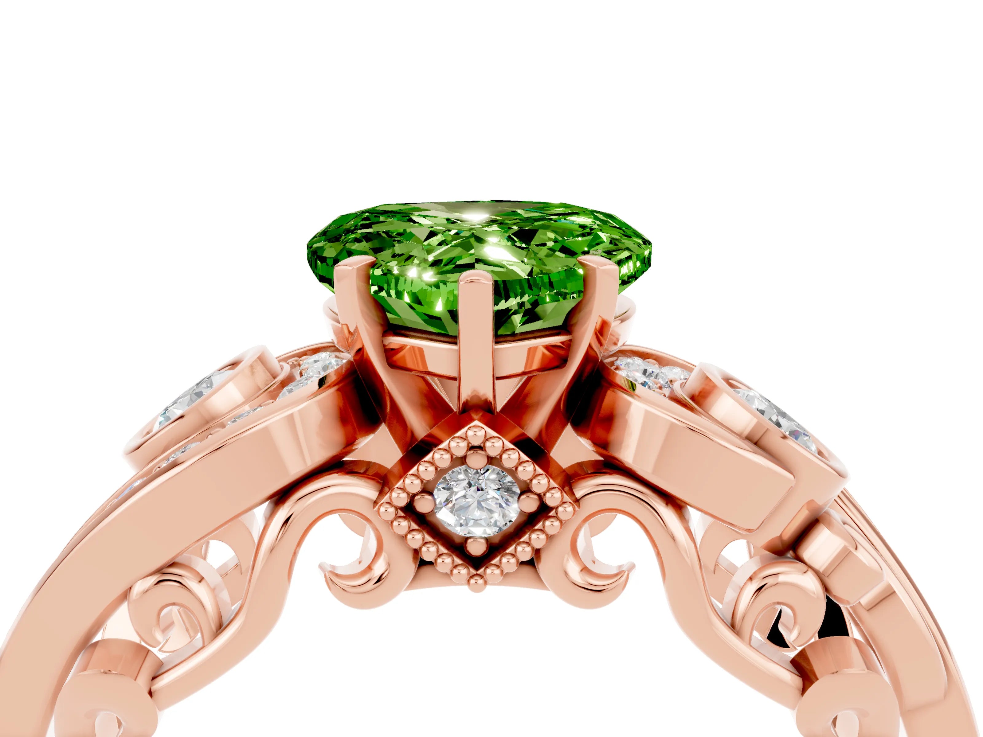 Rose gold Heart Cut Peridot Solitaire Ring with Milgrain Pavé Band and Four-Prong Setting_28