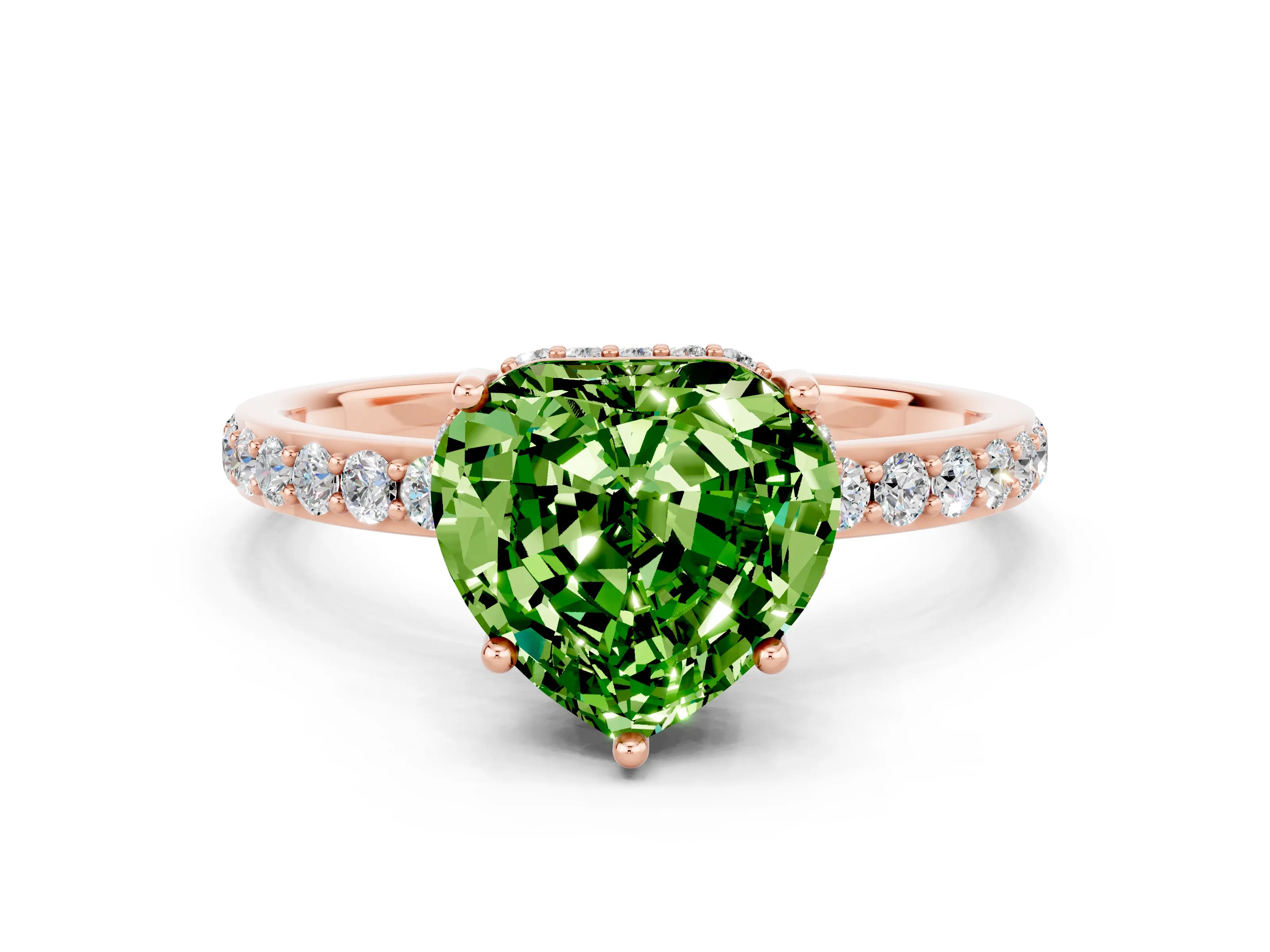 Rose gold Heart Cut Peridot Solitaire Ring with Pavé Band and Hidden Halo_12
