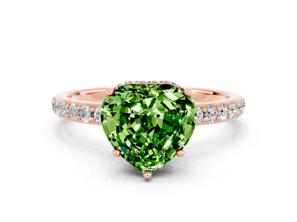 Rose gold Heart Cut Peridot Solitaire Ring with Pavé Band and Hidden Halo