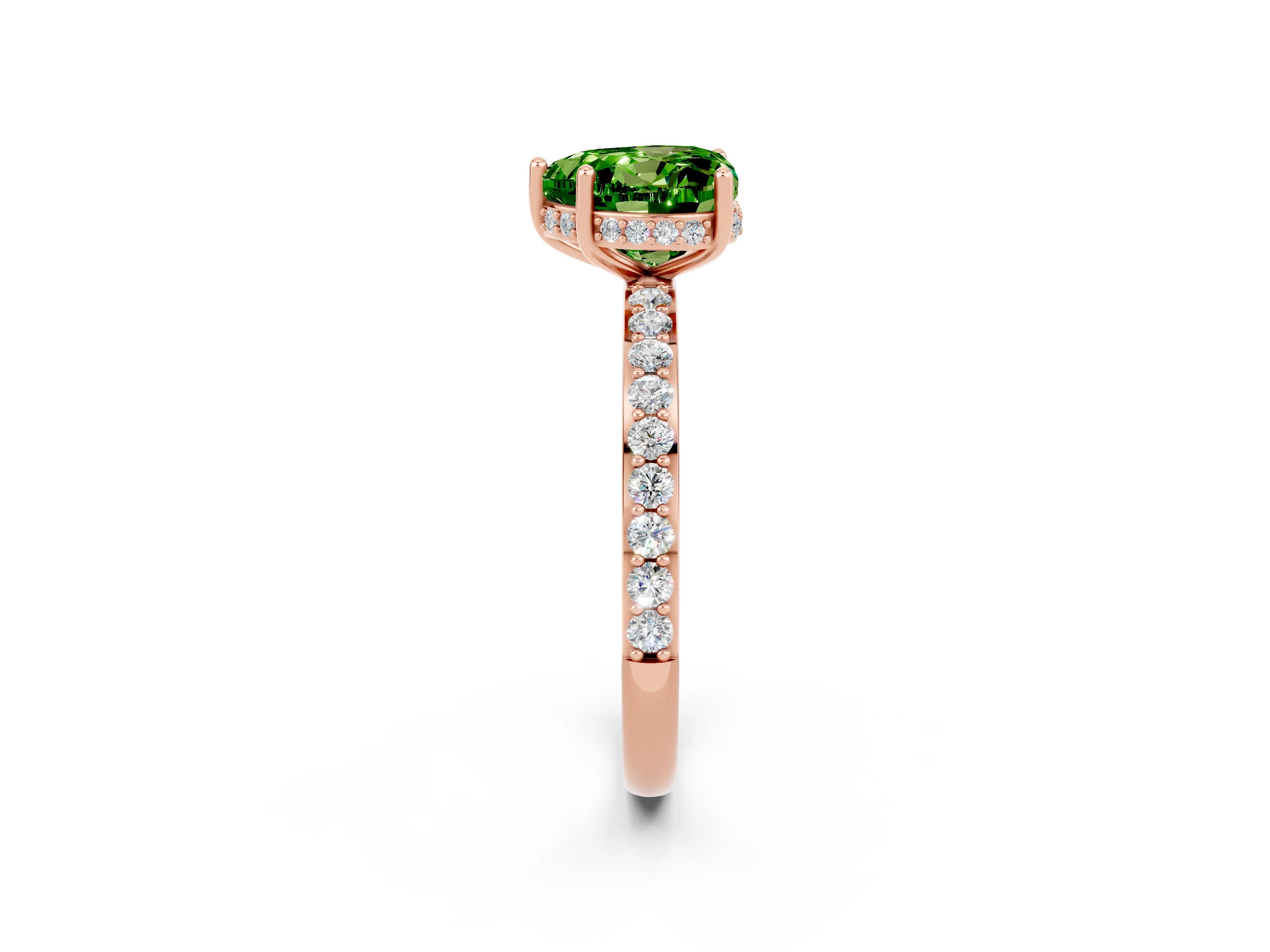 Rose gold Heart Cut Peridot Solitaire Ring with Pavé Band and Hidden Halo_14