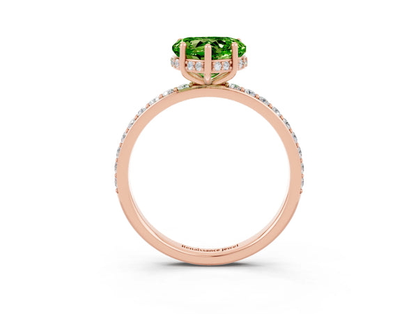 Rose gold Heart Cut Peridot Solitaire Ring with Pavé Band and Hidden Halo