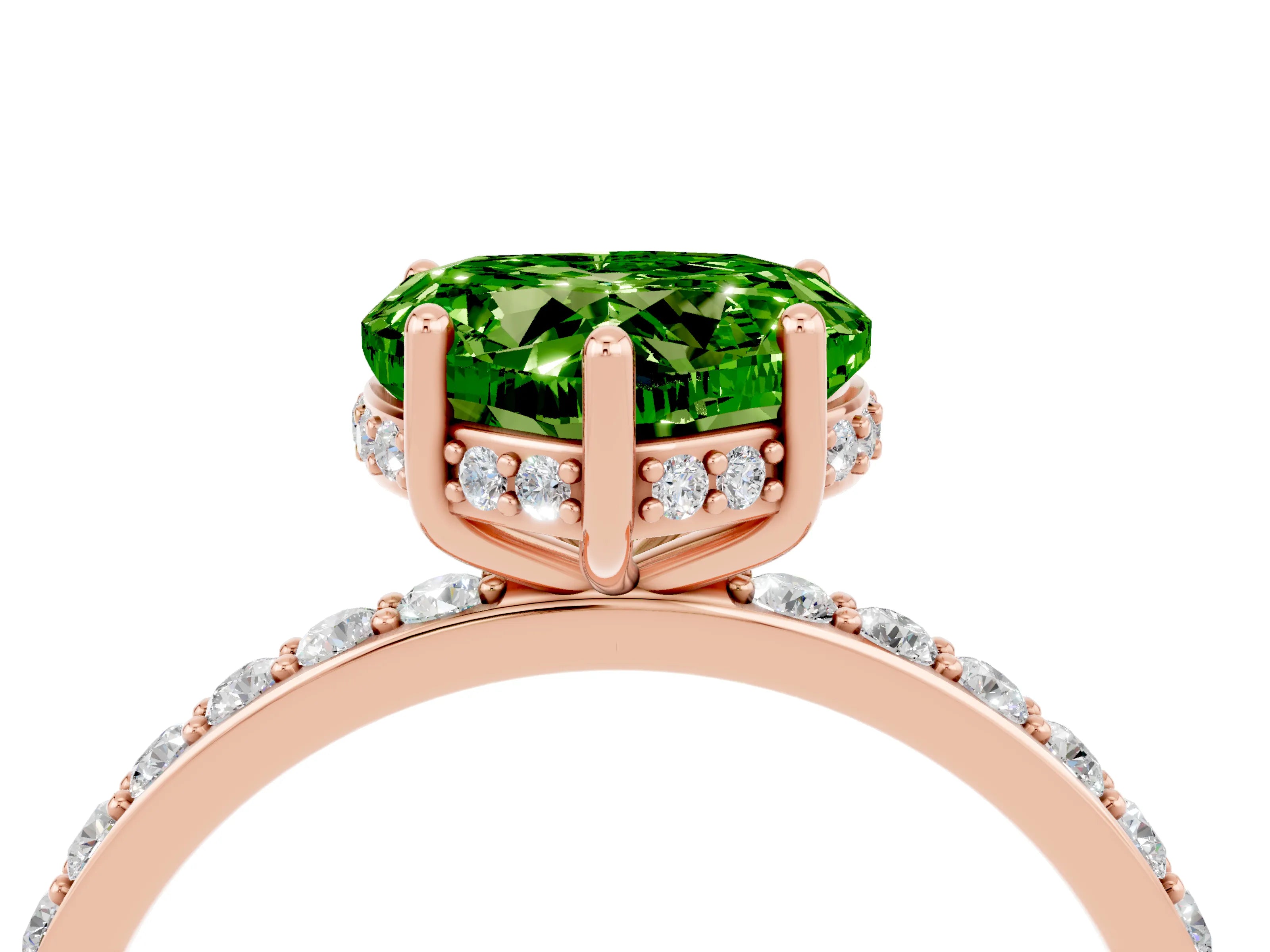 Rose gold Heart Cut Peridot Solitaire Ring with Pavé Band and Hidden Halo_16