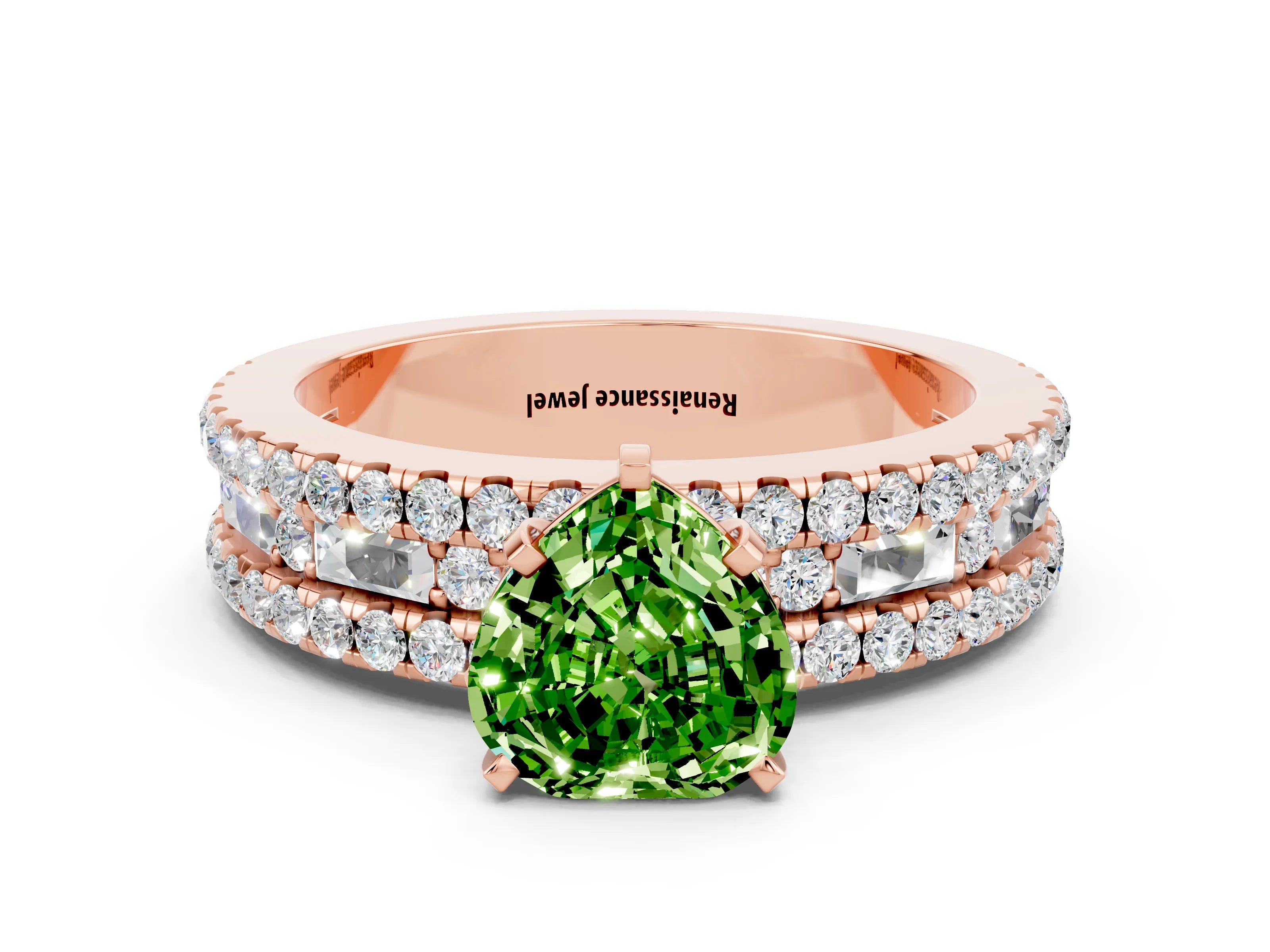Rose gold Heart Cut Peridot Solitaire Ring with Pavé and Channel Set Band