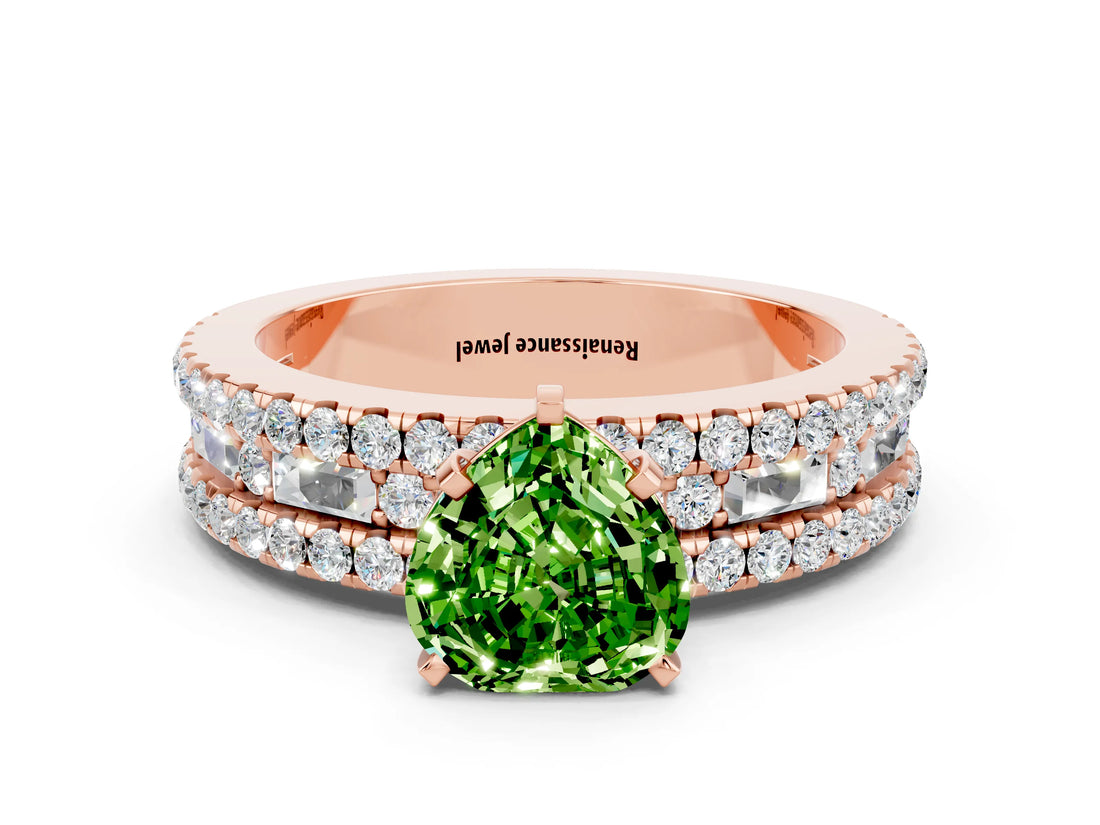 Rose gold Heart Cut Peridot Solitaire Ring with Pavé and Channel Set Band