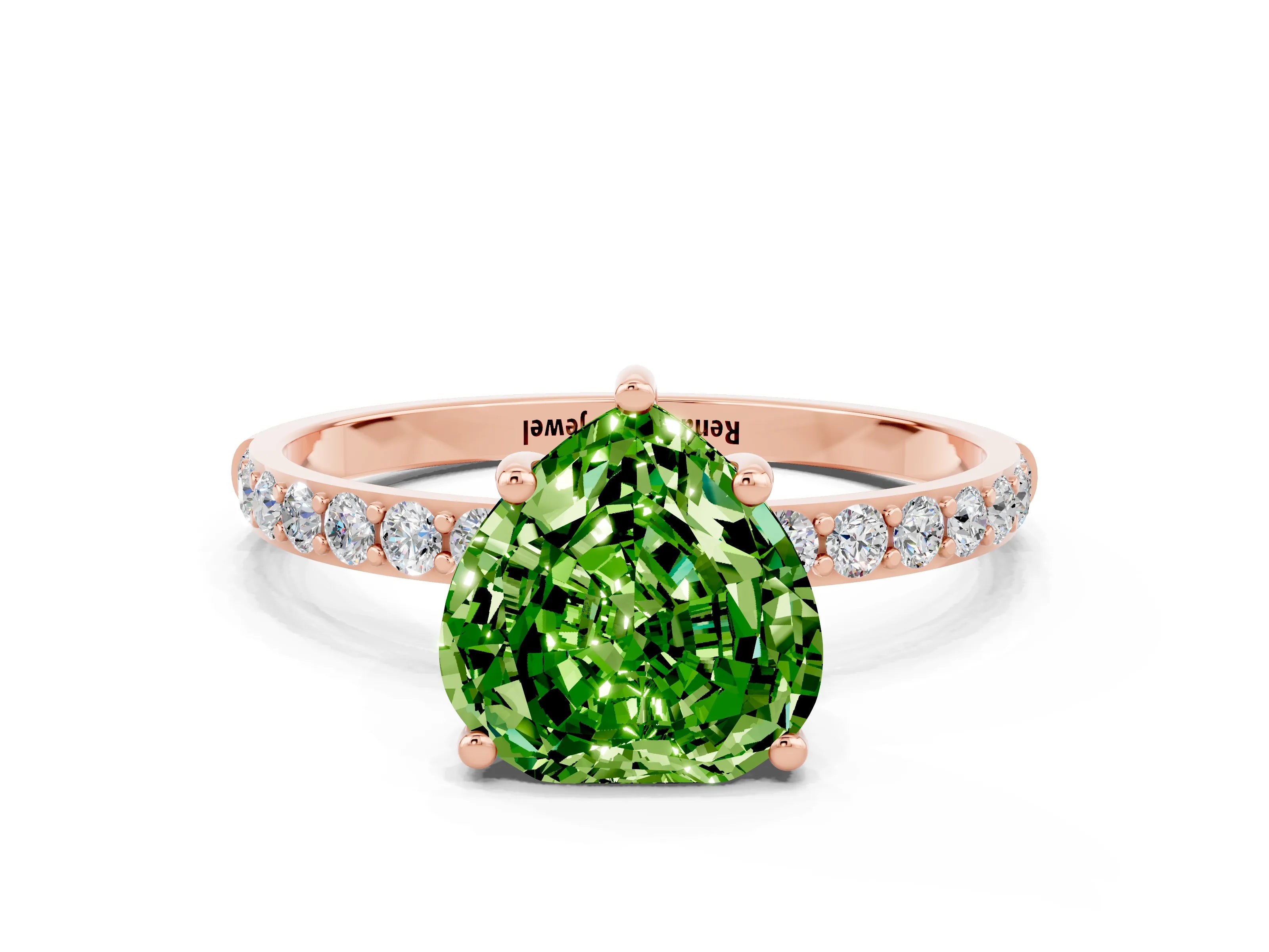 Rose gold Heart Cut Peridot Solitaire Ring with Pave Band and Four Prong Setting_12