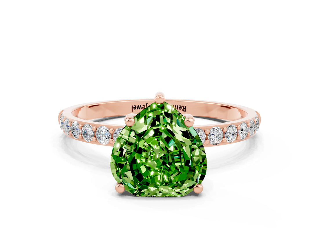 Rose gold Heart Cut Peridot Solitaire Ring with Pave Band and Four Prong Setting_12