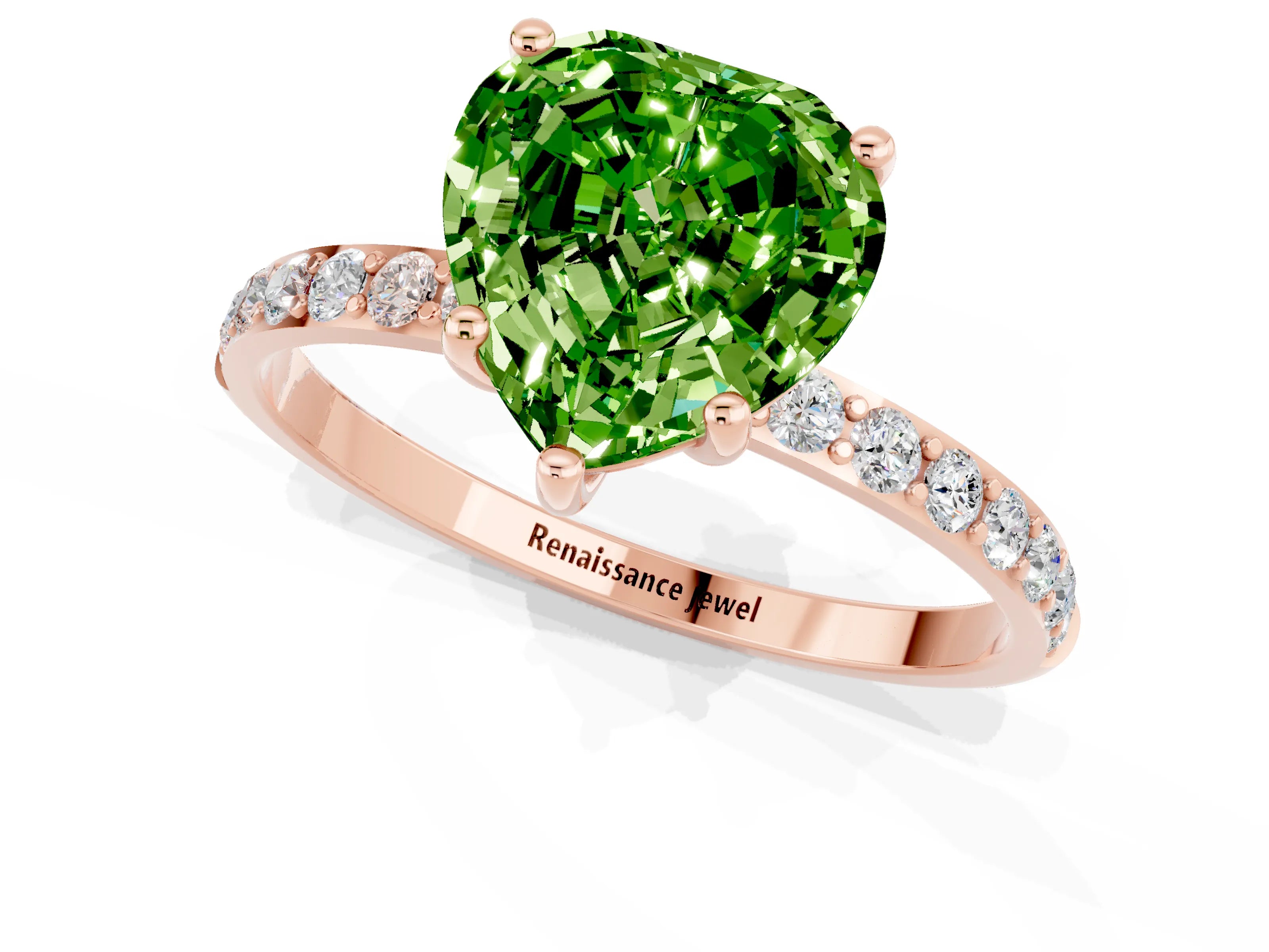 Rose gold Heart Cut Peridot Solitaire Ring with Pave Band and Four Prong Setting_13