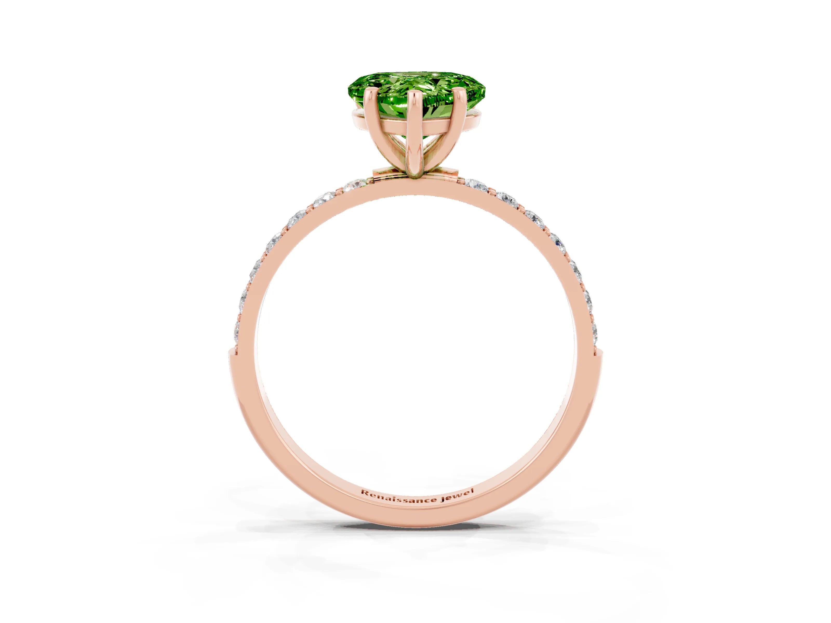 Rose gold Heart Cut Peridot Solitaire Ring with Pave Band and Four Prong Setting_15