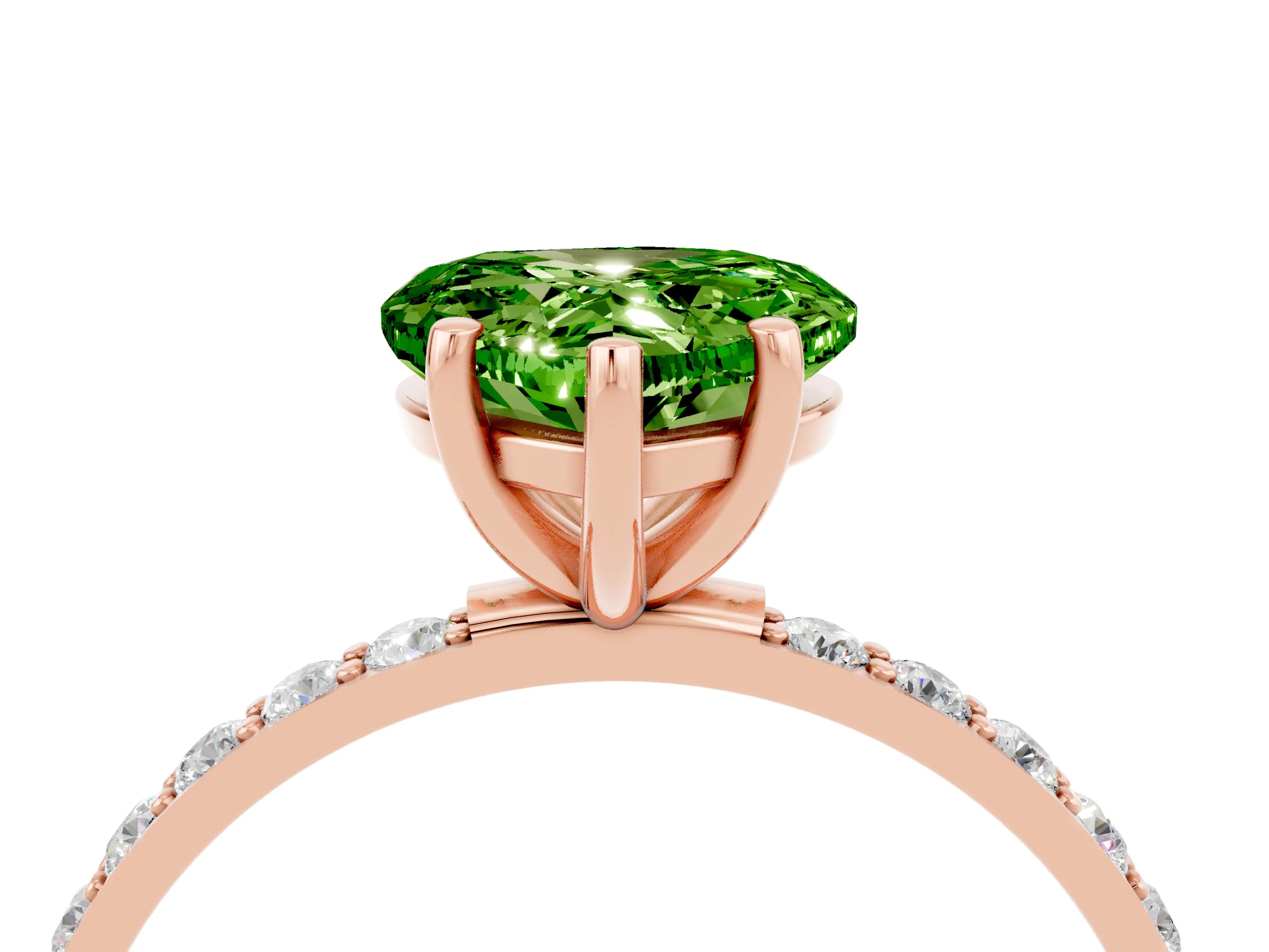 Rose gold Heart Cut Peridot Solitaire Ring with Pave Band and Four Prong Setting_16