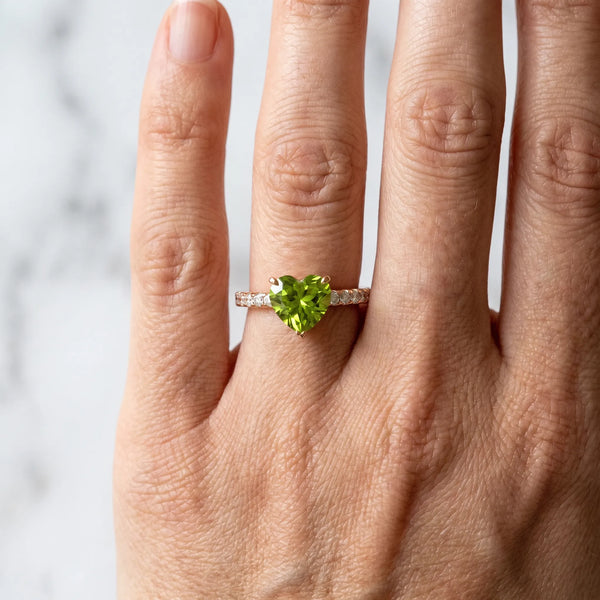 Rose gold Heart Cut Peridot Solitaire Ring with Round  Pavé Band and Four-Prong Setting