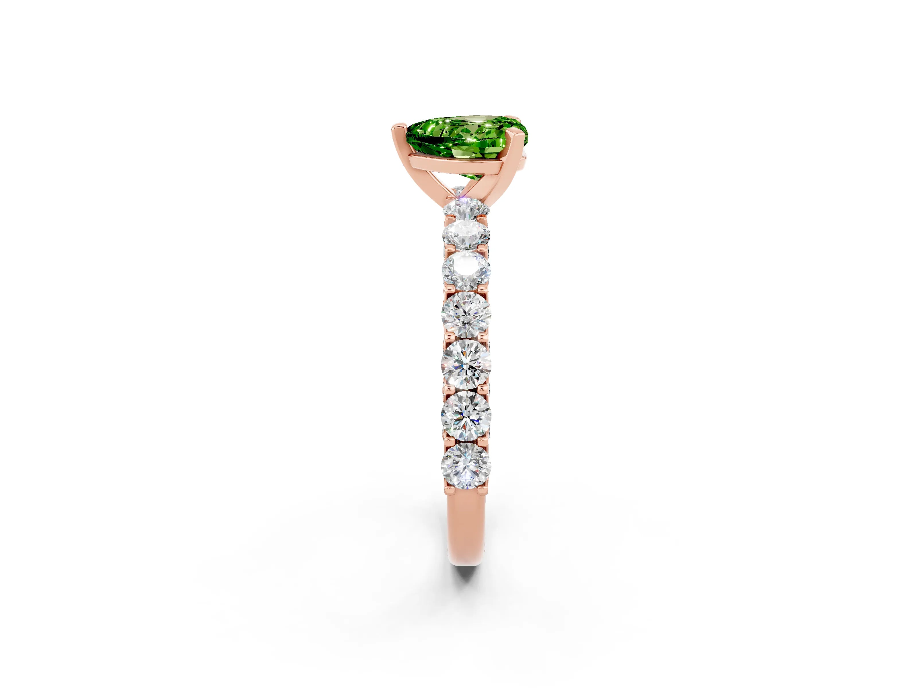 Rose gold Heart Cut Peridot Solitaire Ring with Shared Prong Pavé Band and Four-Prong Setting_14