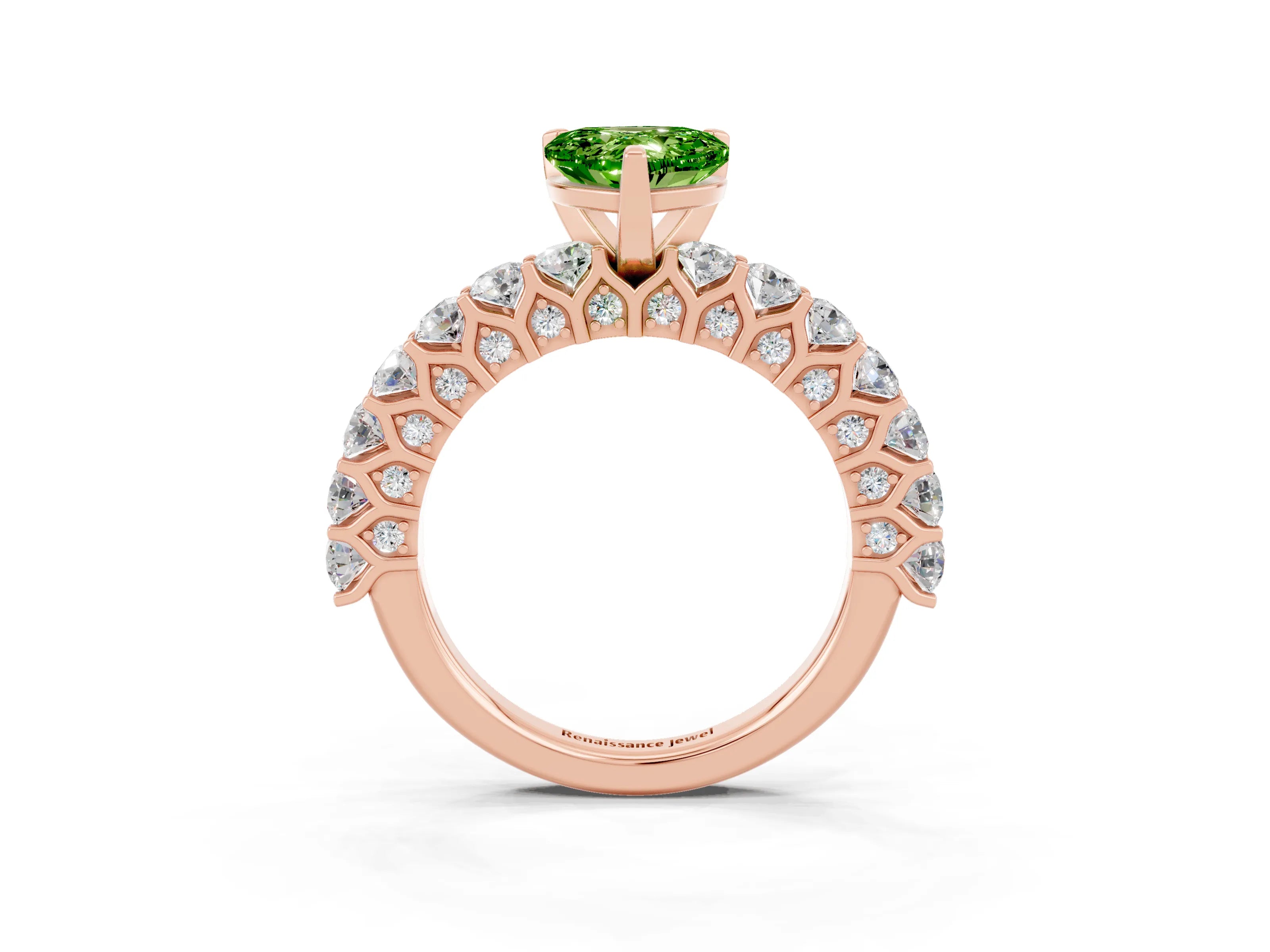 Rose gold Heart Cut Peridot Solitaire Ring with Shared Prong Pavé Band and Four-Prong Setting_15