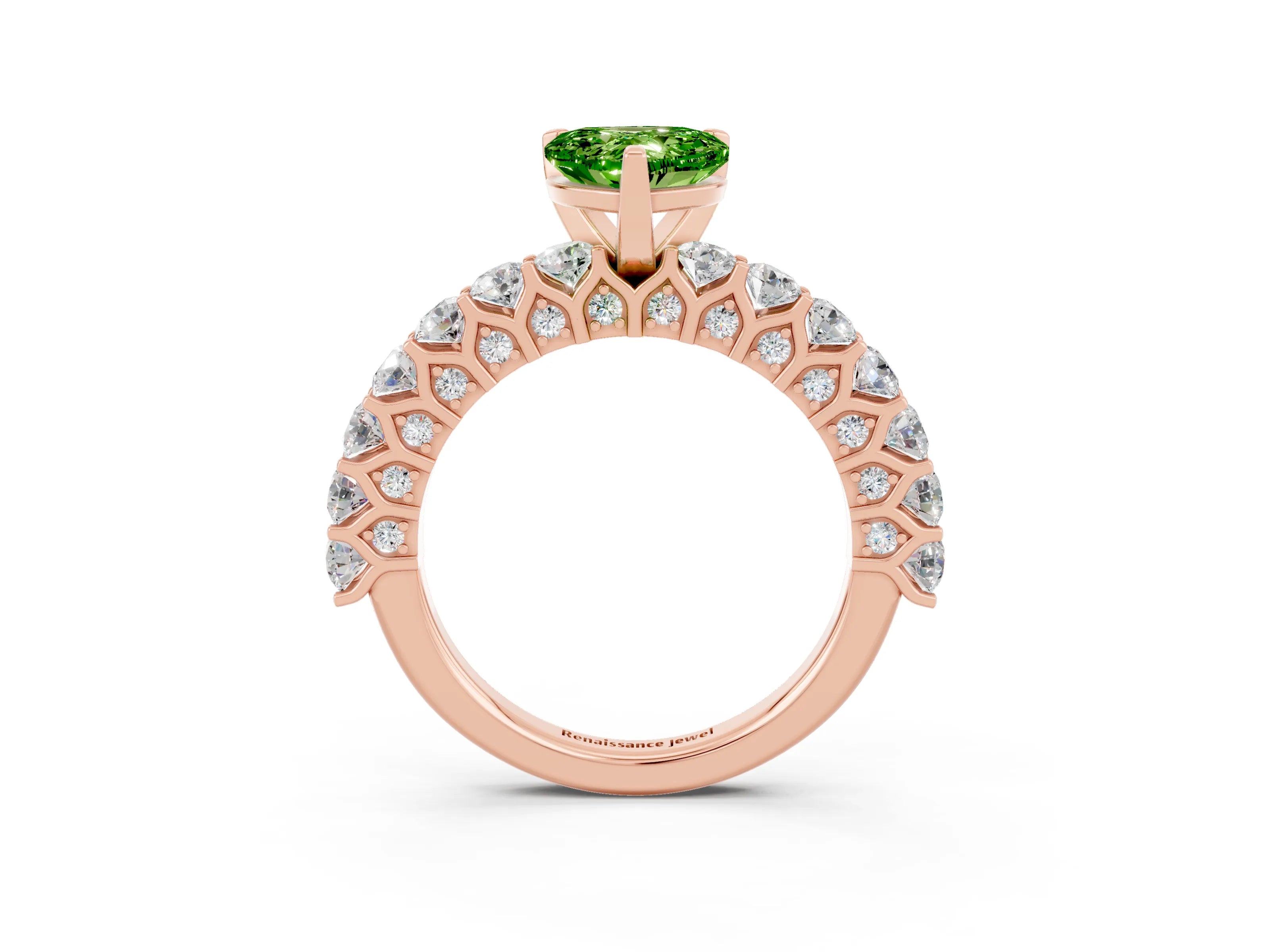Rose gold Heart Cut Peridot Solitaire Ring with Shared Prong Pavé Band and Four-Prong Setting_3