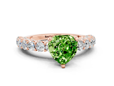 Rose gold Heart Cut Peridot Solitaire Ring with Shared Prong Pavé Band and Four-Prong Setting