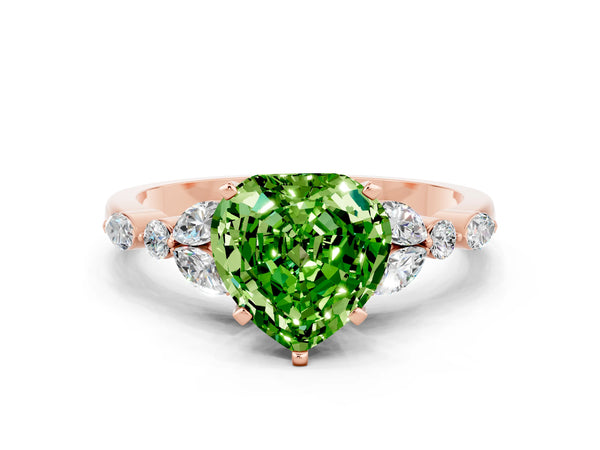 Rose gold Heart Cut Peridot Solitaire Ring with Side Stones and Four-Prong Setting
