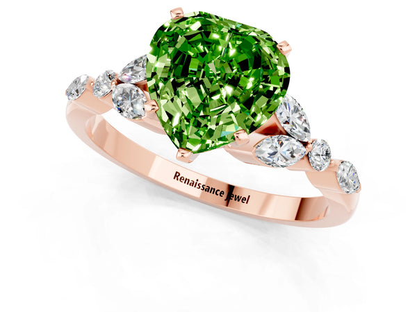 Rose gold Heart Cut Peridot Solitaire Ring with Side Stones and Four-Prong Setting