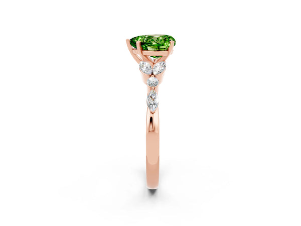 Rose gold Heart Cut Peridot Solitaire Ring with Side Stones and Four-Prong Setting