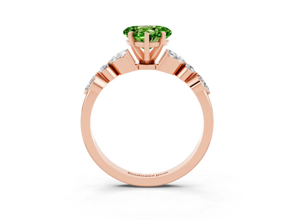 Rose gold Heart Cut Peridot Solitaire Ring with Side Stones and Four-Prong Setting