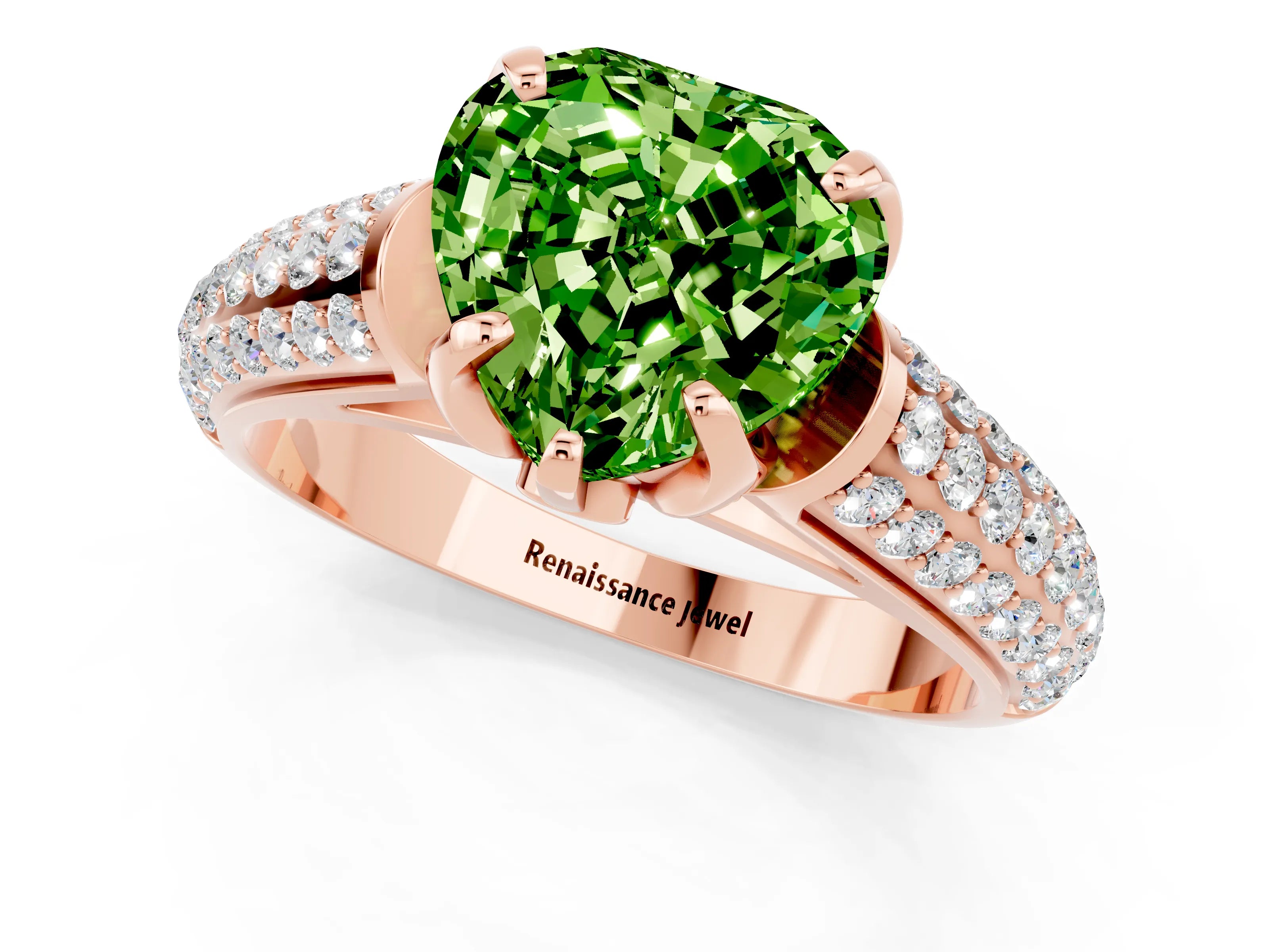 Rose gold Heart Cut Peridot Solitaire Ring with Three-Row Pavé Band and Four-Prong Setting_13