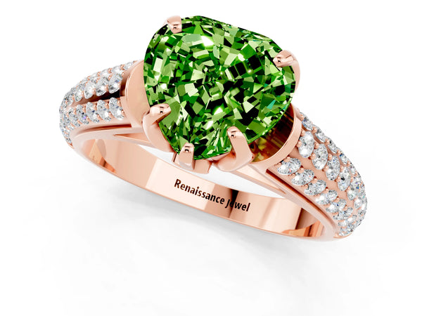 Rose gold Heart Cut Peridot Solitaire Ring with Three-Row Pavé Band and Four-Prong Setting