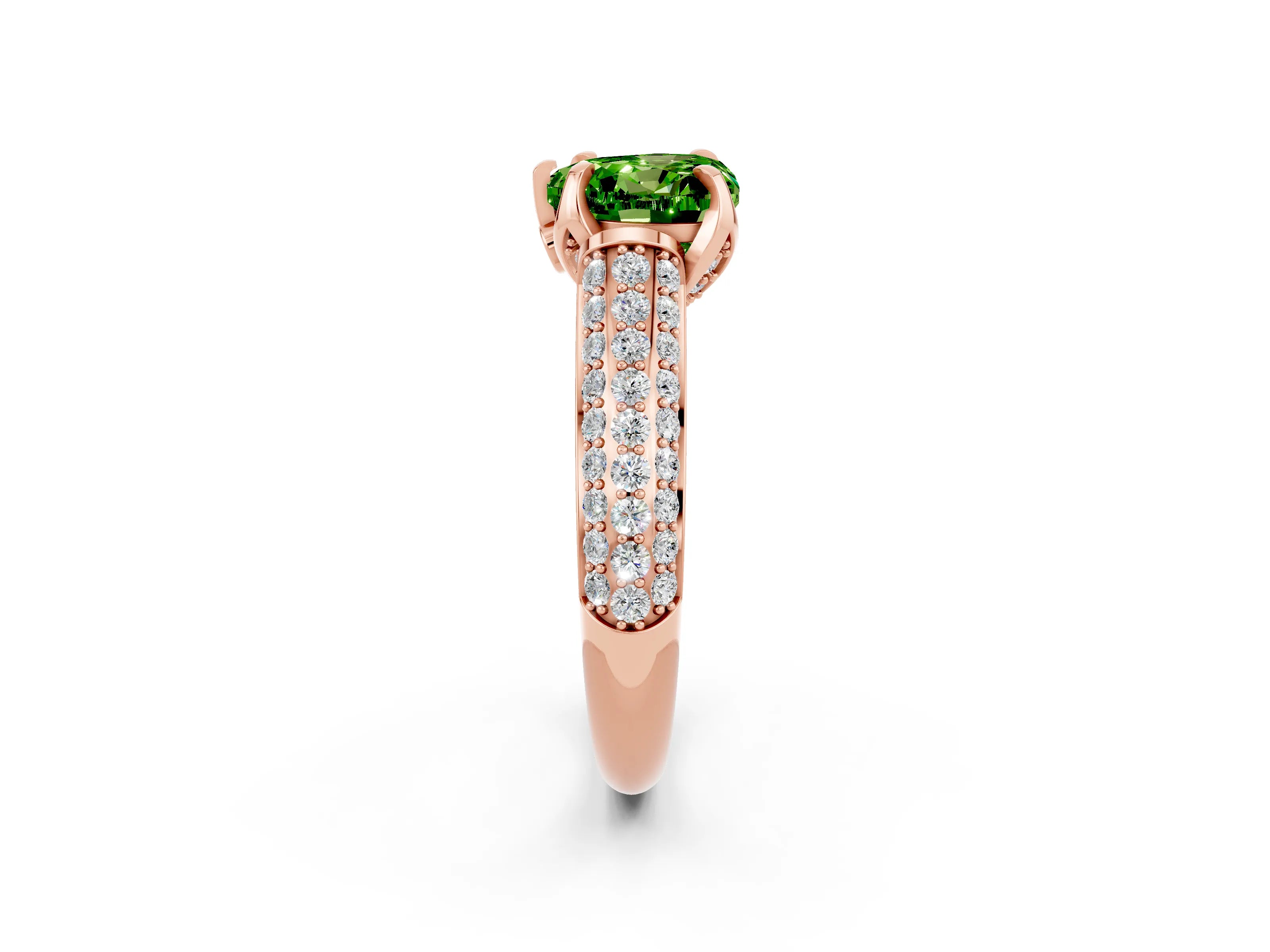Rose gold Heart Cut Peridot Solitaire Ring with Three-Row Pavé Band and Four-Prong Setting_14
