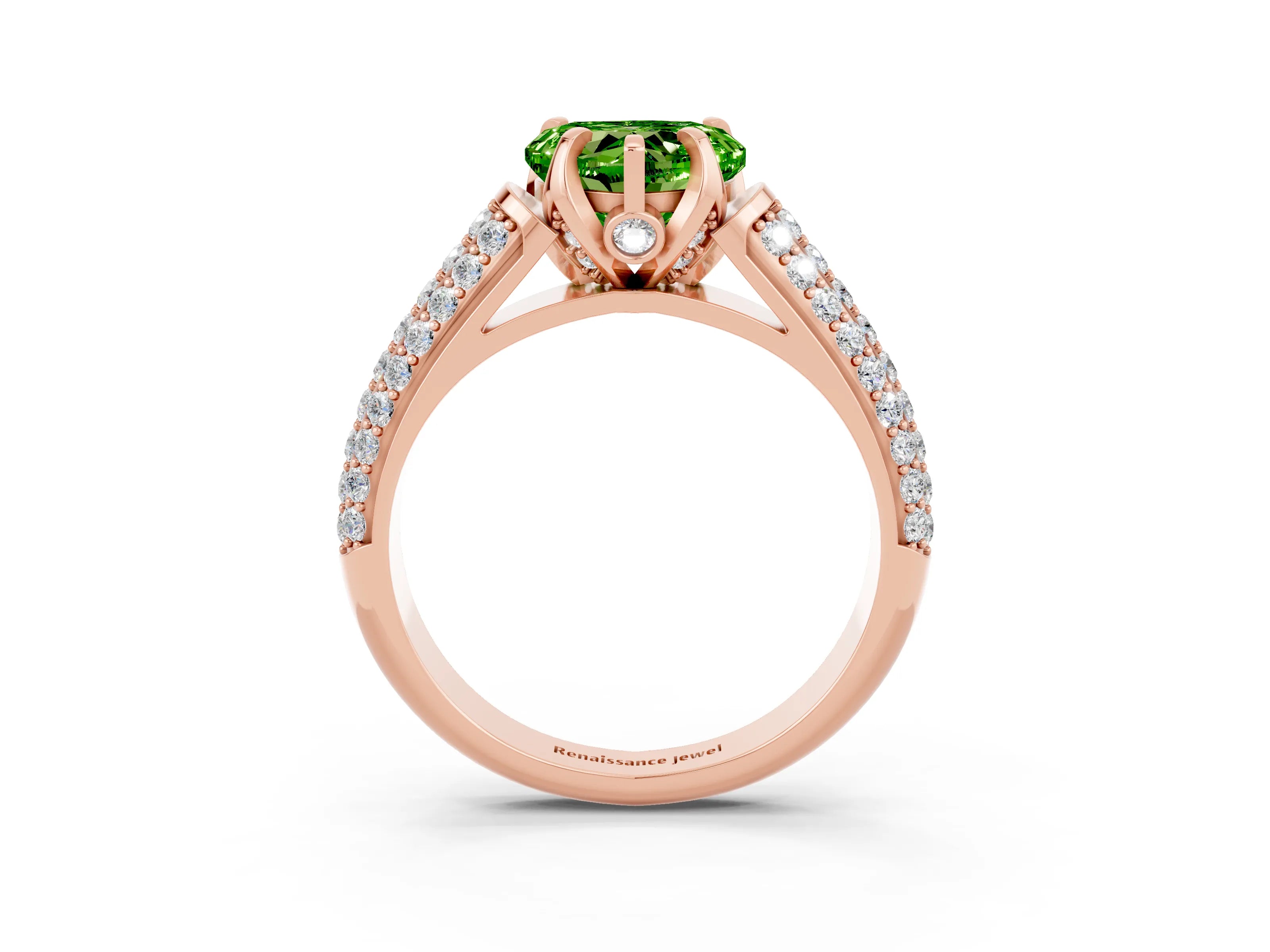 Rose gold Heart Cut Peridot Solitaire Ring with Three-Row Pavé Band and Four-Prong Setting_15